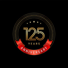 Fototapeta na wymiar 125th Anniversary. Anniversary logo design with golden number and red ribbon. Logo Vector Template