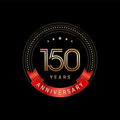 150th Anniversary. Anniversary logo design with golden number and red ribbon. Logo Vector Template