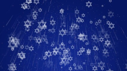 White Stars of David rotate and fly down on a blue background. Animation with state symbols of Israel. Jewish traditional signs.