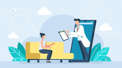 Online healthcare and medical consultation. Online diagnostics. Digital health concept. Woman connecting with a doctor online using a smartphone app and having a consultation. Vector illustration
