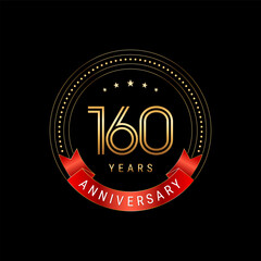 160th Anniversary. Anniversary logo design with golden number and red ribbon. Logo Vector Template