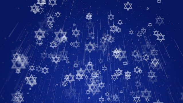 White Stars of David rotate and fly down on a blue background. Animation with state symbols of Israel. Jewish traditional signs.