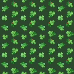 Seamless pattern with watercolor clover and ladybugs. Hand drawn spring  decor with green grass and bugs on green fone. Design for covers, packaging, textile, print, cards, fabric, background.