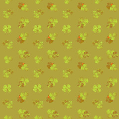 Retro-style Seamless pattern with clover leaf and ladybugs. Beige color background and grass. Design for covers, packaging, textile, print, cards, fabric, 