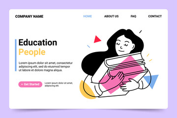 Landing page design with a reading person. Book, education,study,online courses.