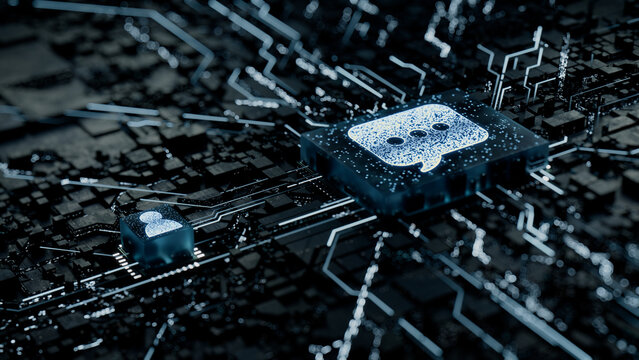 Text Technology Concept with sms symbol on a Microchip. White Neon Data flows between the CPU and the User across a Futuristic Motherboard. 3D render.