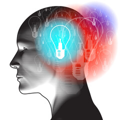 An adult side profile overlaid with various blending semi-transparent light bulbs.