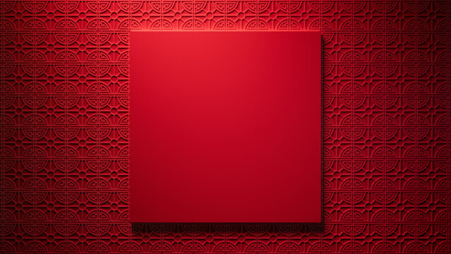 Chinese New Year Design Background, with Square Frame on 3D Pattern. Red Asian Template with copy-space.