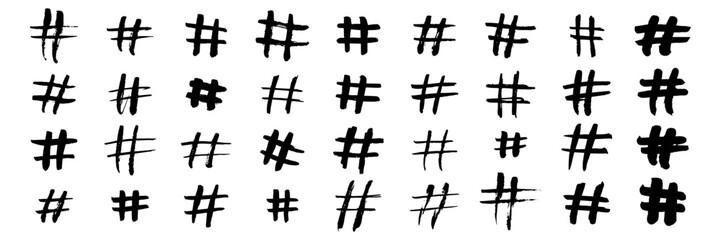 Hashtag vector hand drawn icons set for social network or internet application. Hashtag ink paint brush stroke line symbols for social media