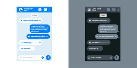 Voice message chat interface for messenger application, vector bubbles. Voice message chat rectors, flat template design for social network chat on blue background - obrazy, fototapety, plakaty