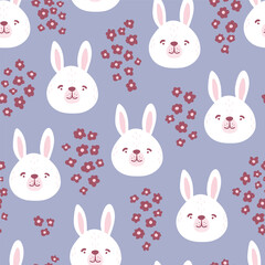 Rabbits, hares, bunnyes seamless pattern. Cute characters. Baby cartoon vector in simple hand-drawn Scandinavian style. Nursery illustration children print, baby shower.