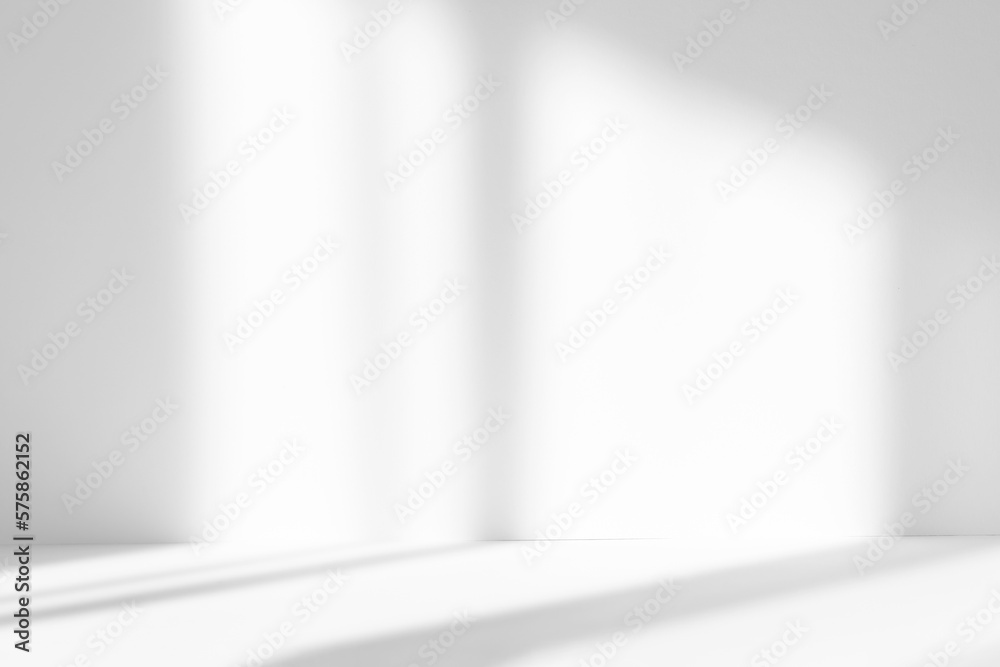 Poster Abstract white studio background for product presentation. Empty room with shadows of window. Display product with blurred backdrop.