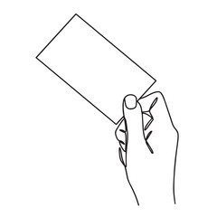 Vector illustration with a hand holding a credit or business card. Drawing with one line