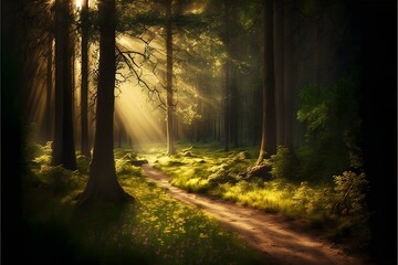 Creative sunrays photography among trees in the forest