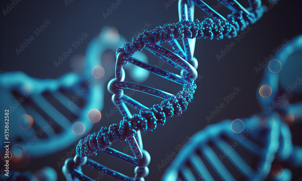 Poster concept of the evolution of human dna in the distant future. view under the microscope. blue helix b