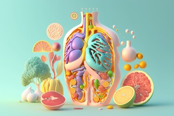 Fruits forming a human body metabolism and nutrition, Eating Diet Food for Energy and Digestion. Generative Ai - obrazy, fototapety, plakaty