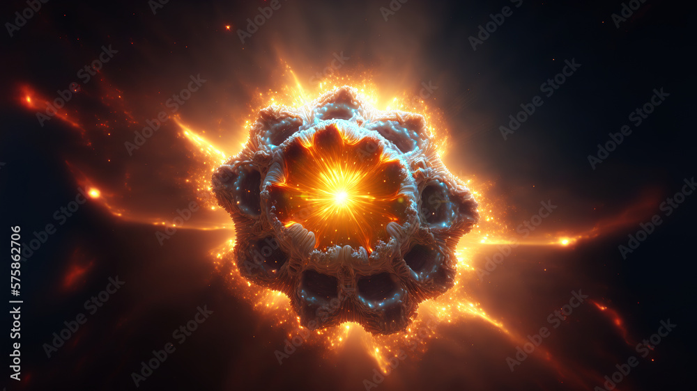 Poster View of the birth of a star in space during a nebula explosion. Nuclear fusion of cosmic clouds of gas and dusts. Universe background. Generative ai