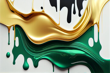 Generative Ai: Liquid abstract background, gold and emerald color