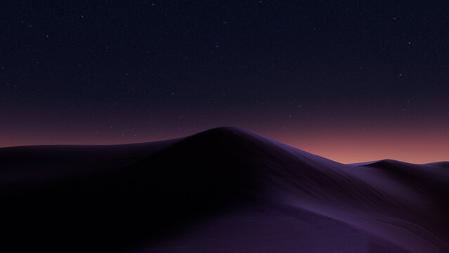 Rolling Sand Dunes form an Empty Desert Landscape. Sunset Background with Warm Gradient Starry Sky.