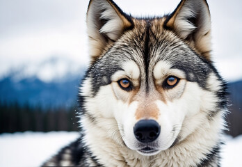 Wild Grey Wolf head close-up portrait in the northern landscape. Generative AI.