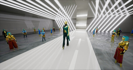 3D Fashion Show. The Virtual Female Model Walks Down the Runway. A Trendy Green Suit. Meeting in Virtual Space, Artificial World. Concept of Gamification and Realization of NFT Products. 3D Rendering
