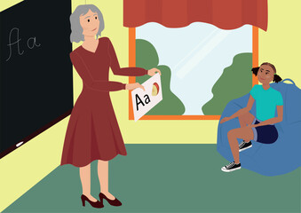 An elderly teacher teaches children in kindergarten. Afro american girl sitting in a bean bag chair. Vector illustration of a teacher at the blackboard