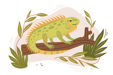 Cartoon iguana on a branch. Cute lizard in the thicket. Funny reptile. Design element for clothes, postcards, books, banners. Vector flat illustration.