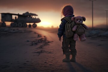 Children alone in the middle of a war zone, made with generated ai