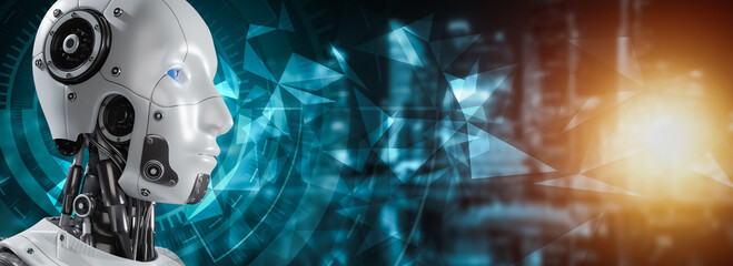 Cyborg heads use artificial intelligence to create a digital interface to render a 3D city bokeh background., Internet connection controlled by AI robot humanoid, connectivity and cyber security,