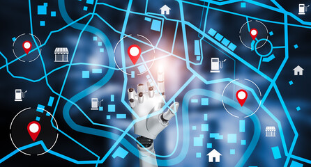 Hand AI robot humanoids touch model maps location points, GPS apps, icons Travel maps and find places in the online system, graphics are generated, Searching for travel and place on world maps.