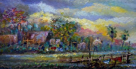 Fototapeta na wymiar Art painting oil color rural life thailand , Countryside , local way of life , landscape