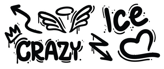 Set of graffiti spray paint vector. Black brush paint ink drip texture collection of text, crown, arrows, heart, angel wing. Design illustration for decoration, card, sticker. banner, street art.