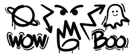 Set of graffiti spray paint vector. Black brush paint ink drip texture collection of planet, arrow, text, comic face, cute ghost. Design illustration for decoration, card, sticker. banner, street art. © TWINS DESIGN STUDIO