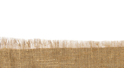 A piece of burlap with fringe on white background for text or banner