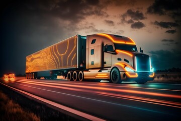 Truck with Cargo Trailer Drives at Night on the Road with Sensors Scanning the Surrounding. Special Effects