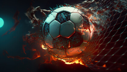 soccer football fire flame flying look like comet and goal net.sport action for advertising concepts.