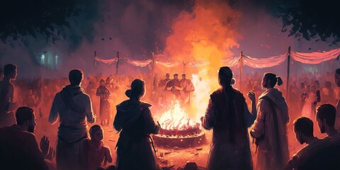 Traditional Holi bonfire with people gathered around to celebrate victory of good over evil and beginning of spring, concept of Colorful Ritual symbolism, created with Generative AI technology