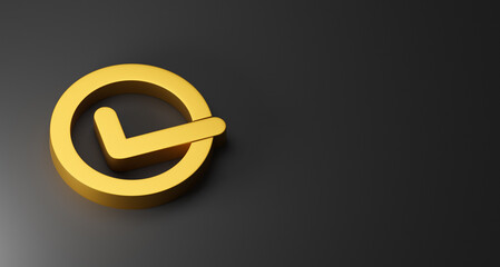 Gold check mark icon on gray background copy space. 3D rendering