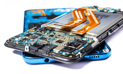 main case and back cover of disassembled blue smartphone isolated on white background close up