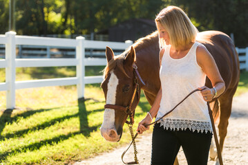 A woman an her horse in a sunny paddock