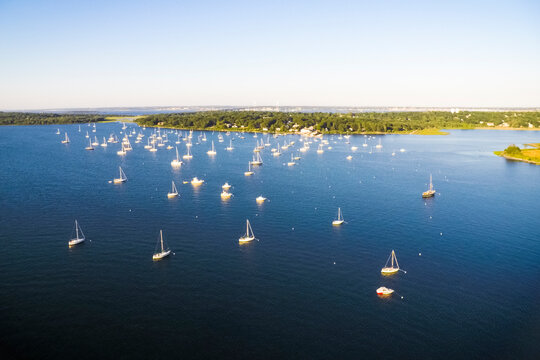Aerial view of boats anchored at bay