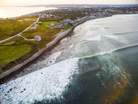 Aerial view of hurricane surf along the coast of Rhode Island, Point Judith, Narragansett, USA