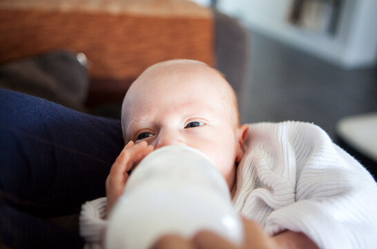 Newborn baby being fed with baby bottle, Lorient, Morbihan, France