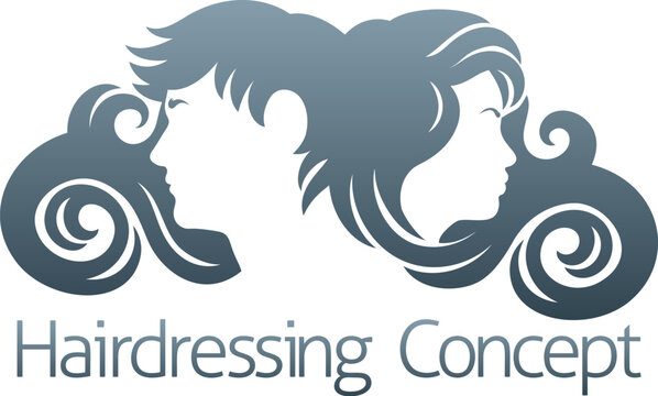 Hairdresser, hair salon, spa or similar concept icon with silhouette man and woman with flowing long hair.
