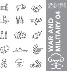 Thin line icon set of war, military conflict, weapons and ammunition symbols