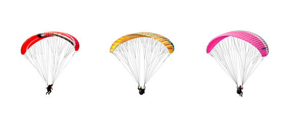 collection Bright colorful parachute on transparent background. png file. Concept of extreme sport, taking adventure challenge. - obrazy, fototapety, plakaty