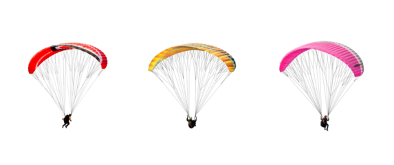 collection Bright colorful parachute on transparent background. png file. Concept of extreme sport, taking adventure challenge.