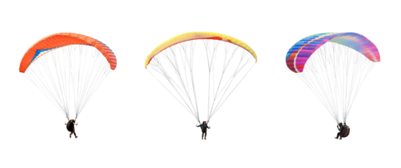 collection Bright colorful parachute on transparent background. png file. Concept of extreme sport, taking adventure challenge.
