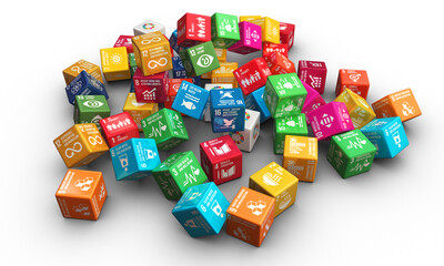 Sustainable Development global goals Colorful cubes Illustration. 3D rendering on top of green leaf. Corporate social responsibility. Sustainable Development for a better world. 