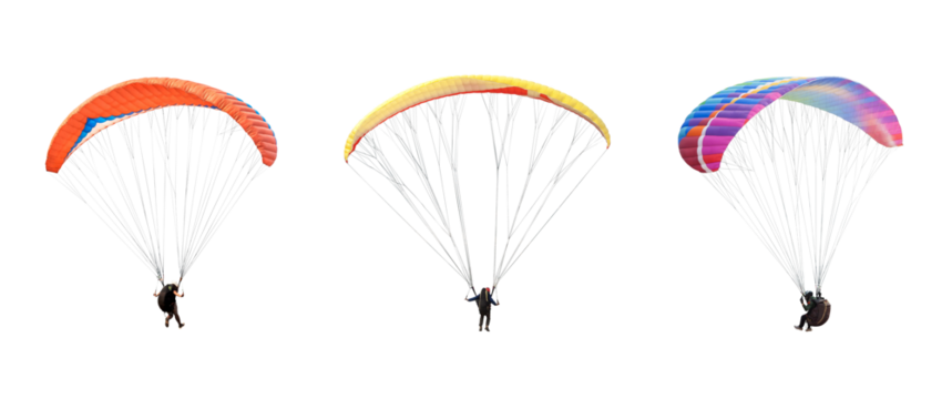 collection Bright colorful parachute on transparent background. png file. Concept of extreme sport, taking adventure challenge.